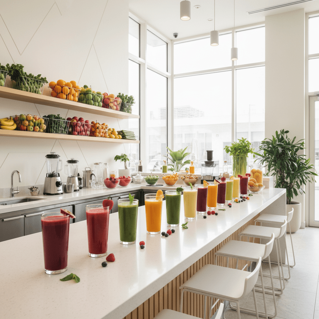 Colorful smoothies and juices at Qaredoo Smoothie Bar